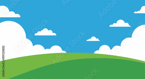 A stylized, flat illustration of a bright blue sky with fluffy white clouds over rolling green hills