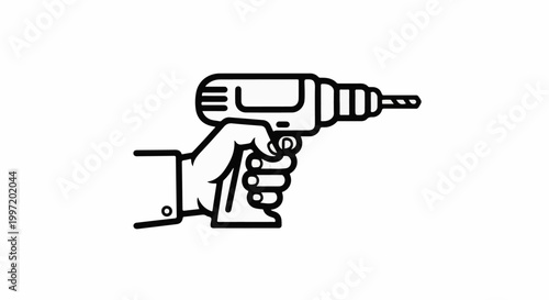 A stylized black and white line drawing of a hand holding a drill