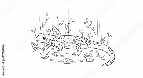 A sketched salamander with spotted pattern amidst forest foliage and mushrooms