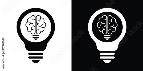 A minimalist flat vector icon of a lightbulb with a brain inside. Conceptually represents bright ideas, creative thinking, innovation, problem-solving, and intellectual growth.
