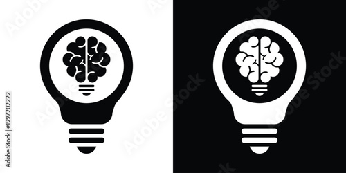 A minimalist flat vector icon of a lightbulb with a brain inside. Conceptually represents bright ideas, creative thinking, innovation, problem-solving, and intellectual growth.