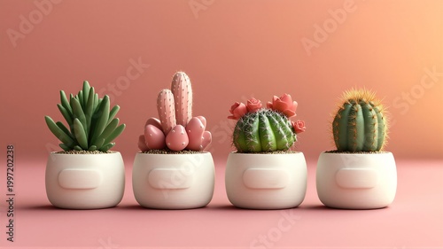Four Cartoon-Style Cacti and Succulents in White Pots on a Pink Gradient Background, Representing Fresh and Cute Home Plant Theme Visual
