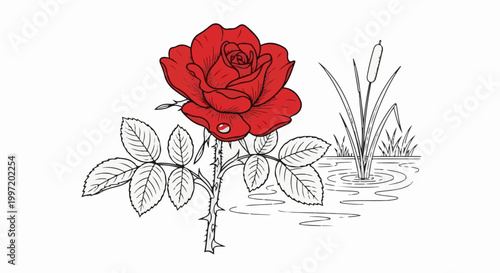 A single red rose blooms near a pond with cattails