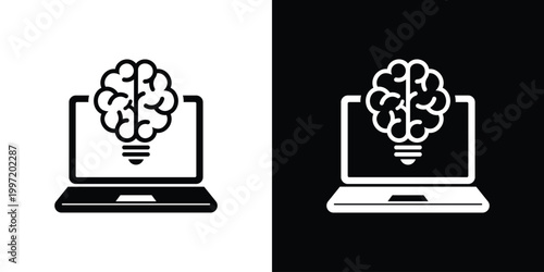 A flat vector icon of a laptop screen displaying a brain-shaped lightbulb. Ideal for concepts related to artificial intelligence, e-learning, digital innovation, software logic, and tech knowledge.