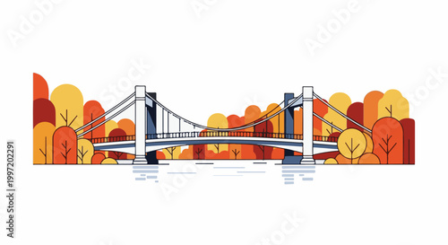 A suspension bridge spans calm water, framed by vibrant autumn trees in warm hues