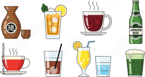 Traditional and Refreshing Beverage Vector Set Featuring Tea, Iced Drinks, Beer, and Soft Drinks for Diverse Drink Illustrations