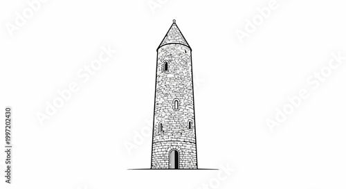 A tall, conical stone tower with small arched windows and a doorway
