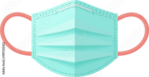 A modern icon representing medical healthcare and medicine, featuring a turquoise protective face mask with pink ear loops, symbolizing protection and safety during a pandemic