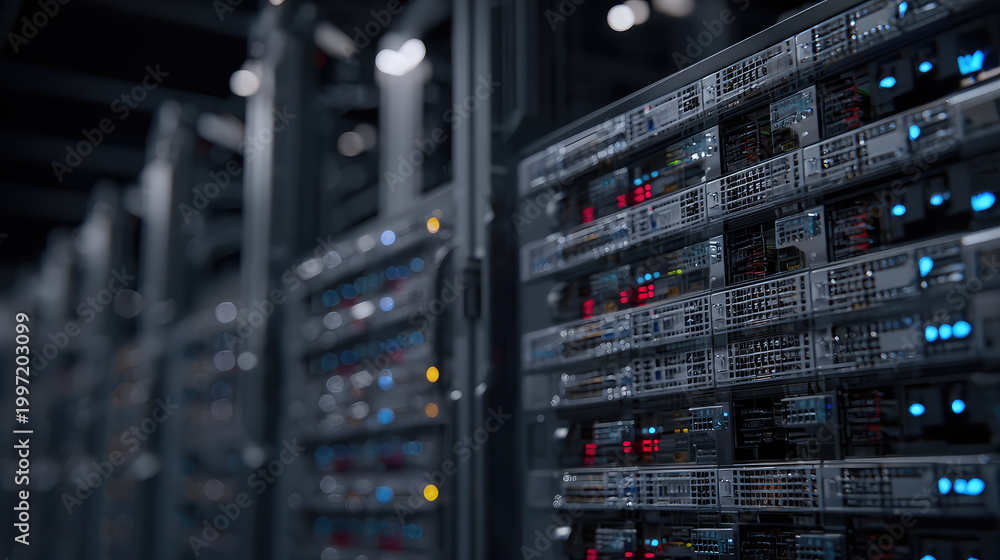 Naklejka premium Server racks with blinking lights filling a modern data center, managing vast amounts of data and ensuring reliable network operation for digital infrastructure