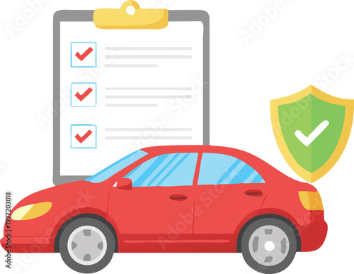 red car with clipboard and shield icon