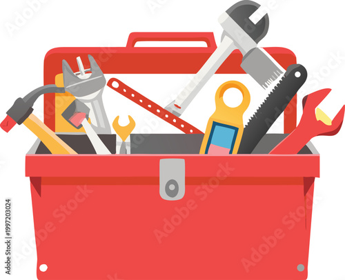 red toolbox filled with assorted tools high quality