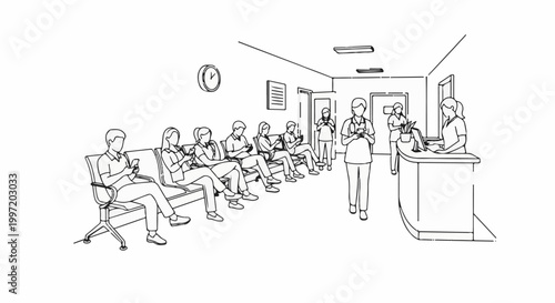 A waiting room with people on phones, medical staff near reception