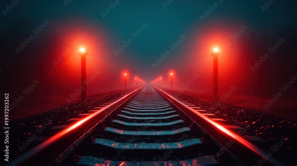 Naklejka premium An eerie and captivating scene of train tracks illuminated by red signal lights in the misty night, creating a haunting and mysterious atmosphere perfect for storytelling.