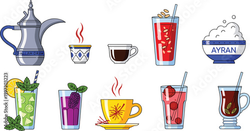 Traditional and Refreshing Drink Vector Set Featuring Turkish Coffee, Tea, Ayran, and Fresh Fruit Juices for Authentic Beverage Illustrations