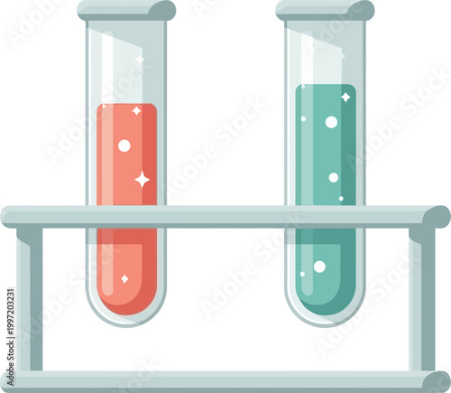 modern icon medical healthcare and medicine with two laboratory test tubes containing red and green liquid in a rack, a clean and simple illustration