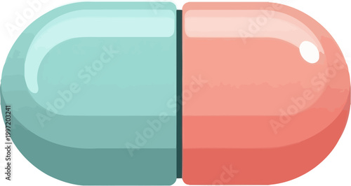 Modern icon for medical healthcare and medicine. A vibrant, two-tone capsule illustration symbolizing pharmaceutical treatment, wellness, and health solutions