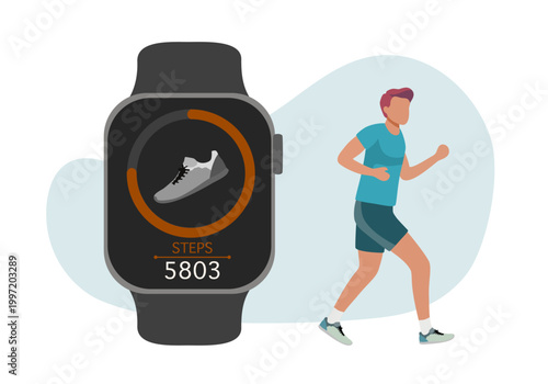 Flat men using smartwatch for counting steps. Man hold smartwatch with pedometer or fitness tracker. Step counter app on smartwatch. Track daily walking progress on device screen. Healthy lifestyle co