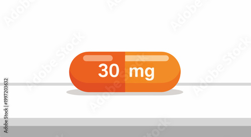 A stylized orange capsule with "30 mg" marked in white text