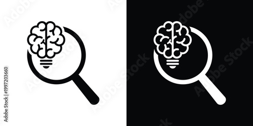 A flat vector icon featuring a brain-shaped lightbulb inside a magnifying glass. Symbolizes research, analytical thinking, discovery, and creative idea exploration in a clean, minimalist style.