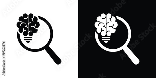 A flat vector icon featuring a brain-shaped lightbulb inside a magnifying glass. Symbolizes research, analytical thinking, discovery, and creative idea exploration in a clean, minimalist style.