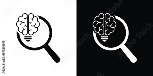 A flat vector icon featuring a brain-shaped lightbulb inside a magnifying glass. Symbolizes research, analytical thinking, discovery, and creative idea exploration in a clean, minimalist style.