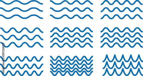 Set of Blue Wavy Line Patterns and Geometric Sea Wave Icons.eps
