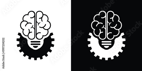 Flat vector icon of a lightbulb brain mounted on a mechanical gear. Symbolizes creative engineering, technical problem-solving, innovative design, mechanical intelligence, and industrial thought.