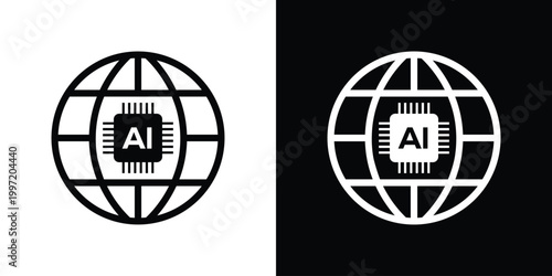 Global network icon featuring a microchip labeled AI inside a sphere. Represents worldwide artificial intelligence, digital connectivity, global data processing, and advanced technological systems.