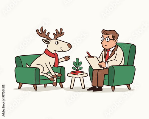 Reindeer sitting on a chair talking to a human professional therapist during a counseling session illustration AI Generated vector