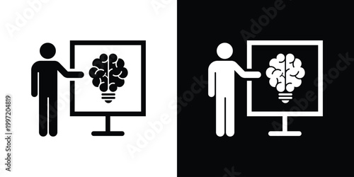 Flat icon of a person pointing to a presentation board displaying a brain-lightbulb. Represents brainstorming, business strategy, educational sessions, innovative planning, and corporate training.