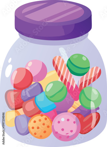candy jar with colorful sweets and purple lid