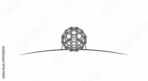 A three-dimensional geodesic dome-like sphere rests on a curved line