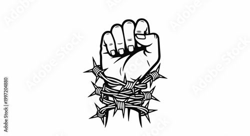 A tightly clenched fist bound by barbed wire