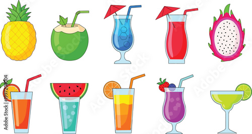Tropical Fruit Drink Vector Set Featuring Pineapple, Coconut, Watermelon, Dragon Fruit, and Colorful Cocktail Illustrations for Summer Beverage Designs