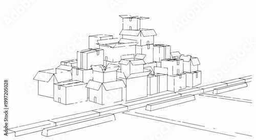 A towering pile of cardboard boxes stacked precariously