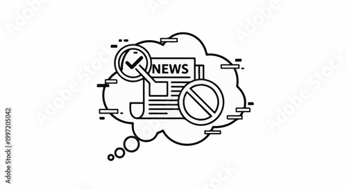 A thought bubble with a newspaper and symbols for approval and disapproval
