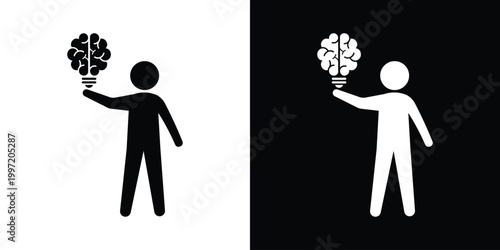 A silhouette of a person holding a floating brain-shaped lightbulb icon. Symbolizes inspiration, new ideas, creative genius, offering solutions, mental potential, and innovative thinking concepts.