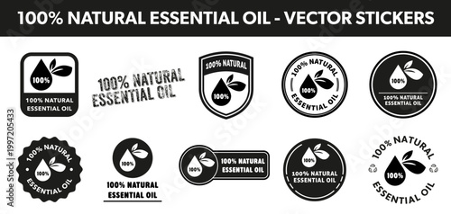 Natural essential oil labels. Vector signs for product bottle or package.