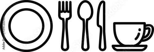 Minimalist Icons: Plate, Fork, Spoon, Knife, Cup and Saucer for Dining and Cafe