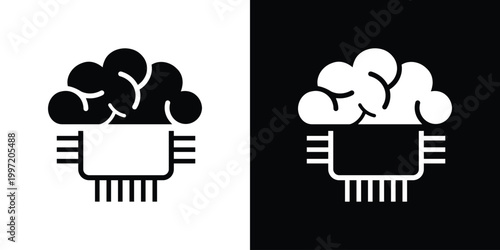 A vector icon showing a human brain atop a computer microchip. Represents the fusion of biology and technology, neural networks, artificial intelligence, and advanced hardware processing concepts.