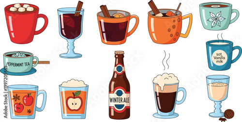 Warm Drink Vector Set Featuring Hot Cocoa, Tea, Mulled Wine, Winter Ale, and Coffee Beverages for Cozy Winter Drink Illustrations