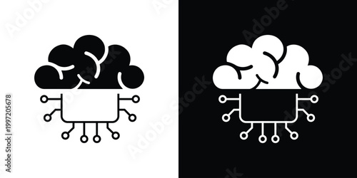 A vector icon showing a human brain atop a computer microchip. Represents the fusion of biology and technology, neural networks, artificial intelligence, and advanced hardware processing concepts.