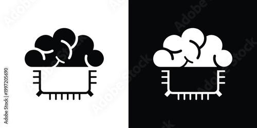 A vector icon showing a human brain atop a computer microchip. Represents the fusion of biology and technology, neural networks, artificial intelligence, and advanced hardware processing concepts.