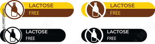 Lactose free label set with milk bottle icons, dairy free product badges for food packaging, non-dairy dietary symbols in brown and black colors