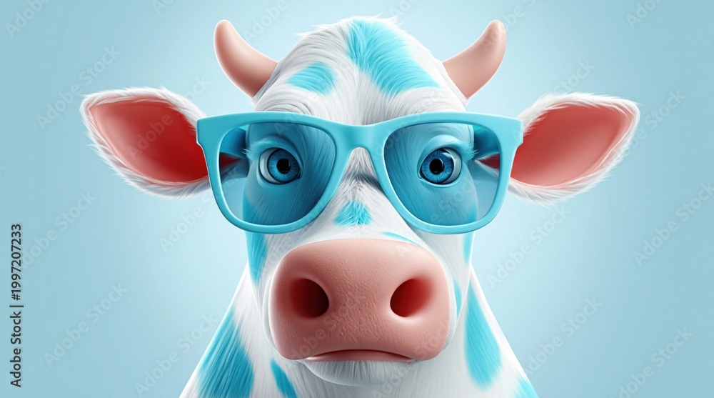 Fototapeta premium Whimsical 3D cartoon cow with blue spots and glasses, looking smart and friendly