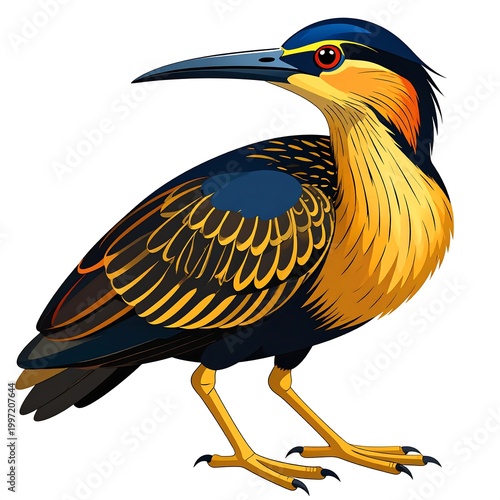 Digitally created illustration of a bird with a long beak, detailed plumage, and slender yellow legs. The image showcases the bird on a white background