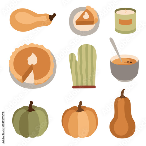 Hand-drawn illustrations of pumpkin pie cooking and ingredients, colorful pumpkins and pumpkin soup for packaging, menu, cafe