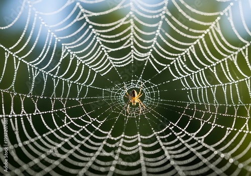 Close-Up of Spider Web with Dew Drops and Spider.