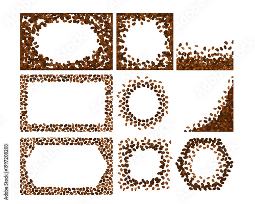 Set of coffee beans frame border set collection. Cafe background. Coffee beans background copy space template. Coffee beans wallpaper. Coffee Beans Illustration for packaging with circle corner.
