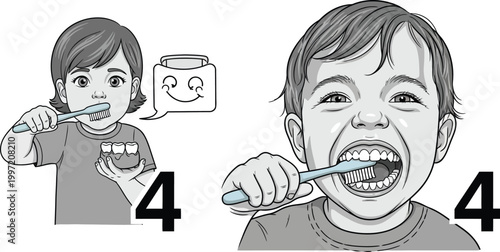 Child brushing teeth, dental hygiene step 4, clean teeth, healthy smile